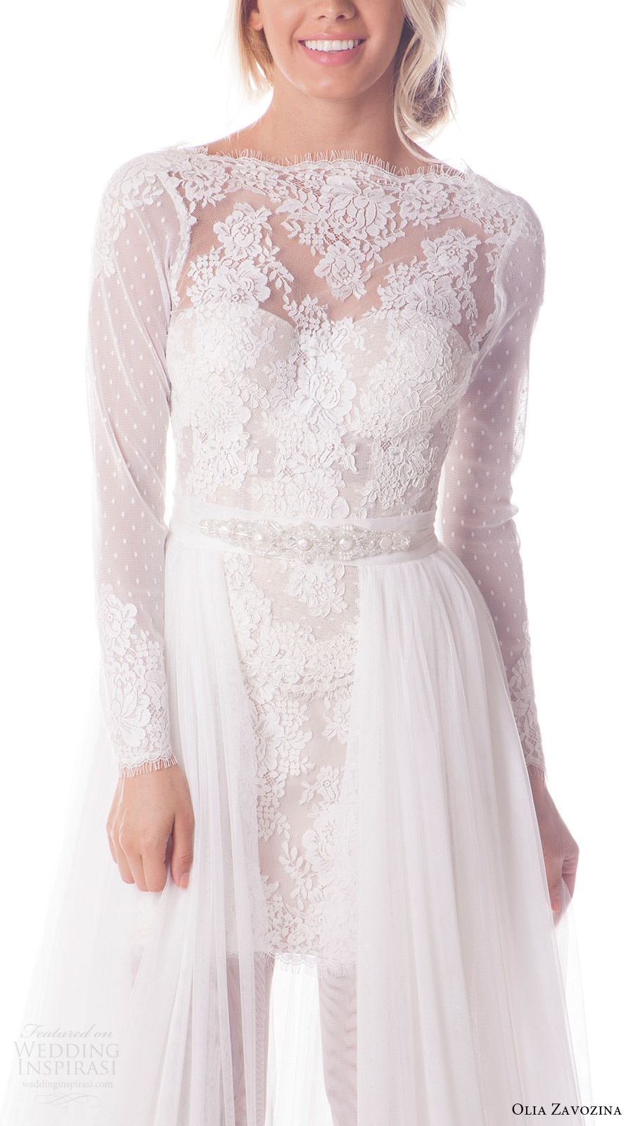 olia zavozina bridal spring 2017 long sleeve lace corset lace mini skirt 3 piece wedding dress (viola) zfv tulle overskirt
