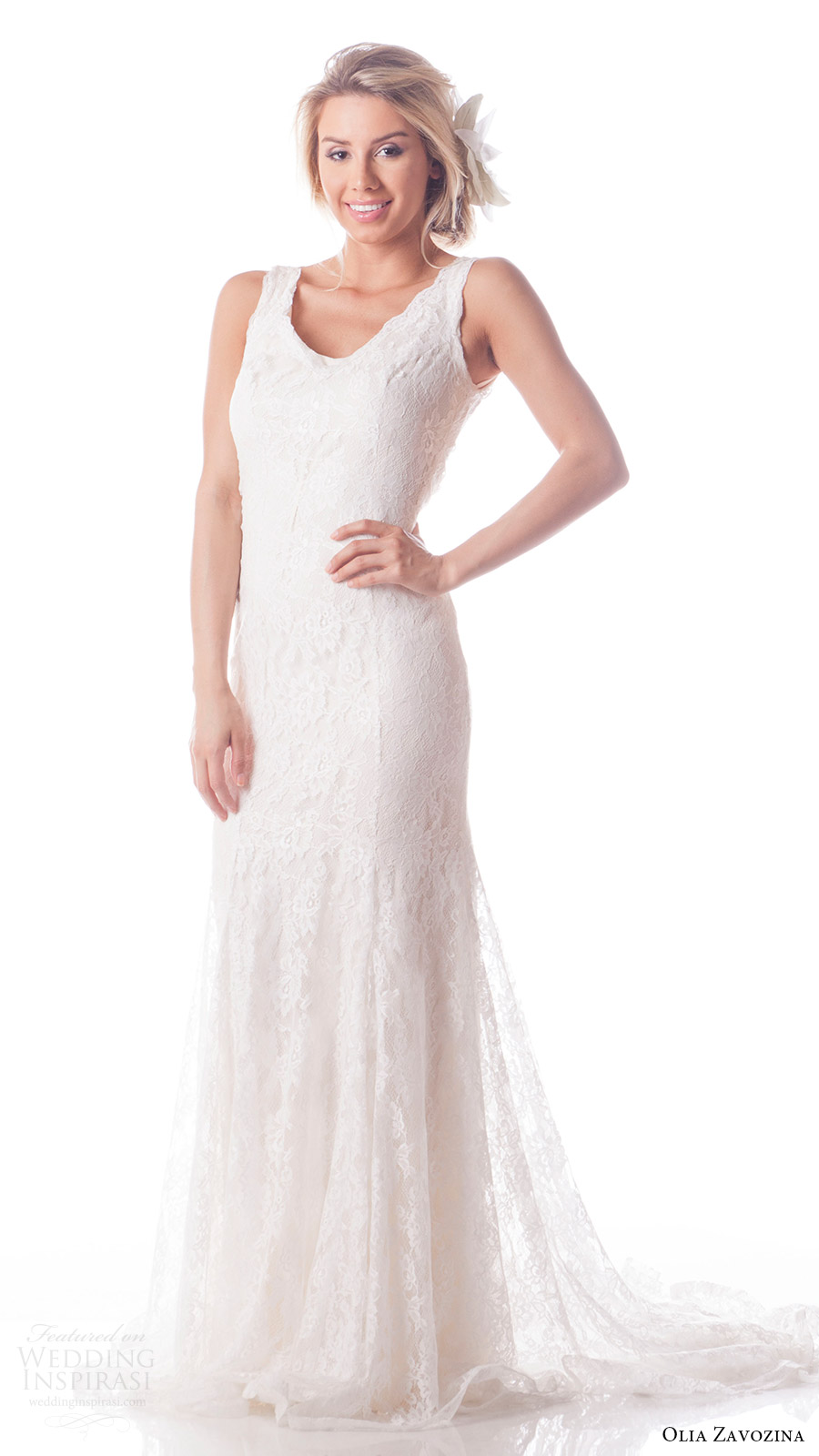 olia zavozina bridal spring 2017 sleeveless vneck 2 piece lace overlay fit flare wedding dress (heather) mv train