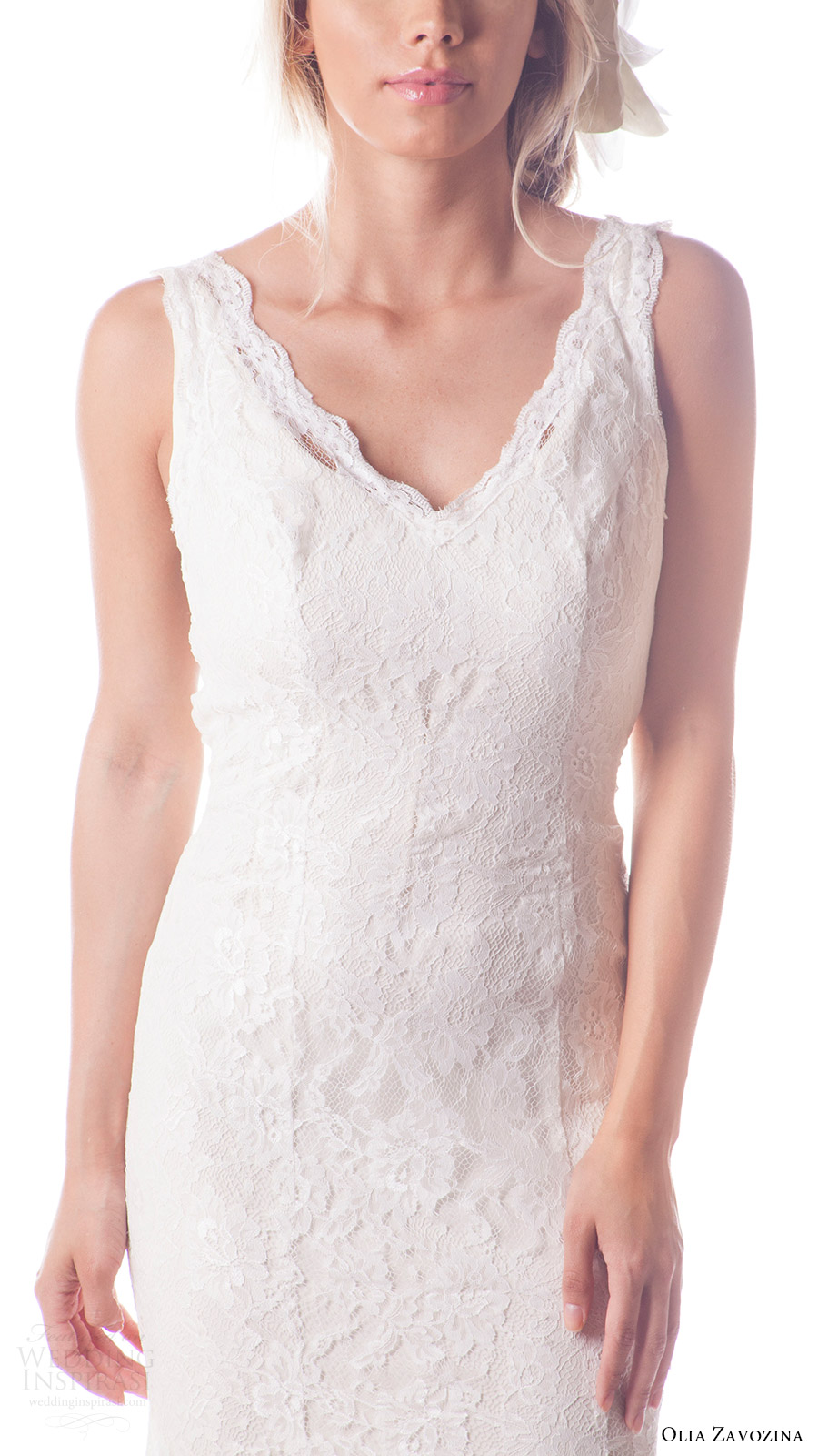 olia zavozina bridal spring 2017 sleeveless vneck 2 piece lace overlay fit flare wedding dress (heather) zfv