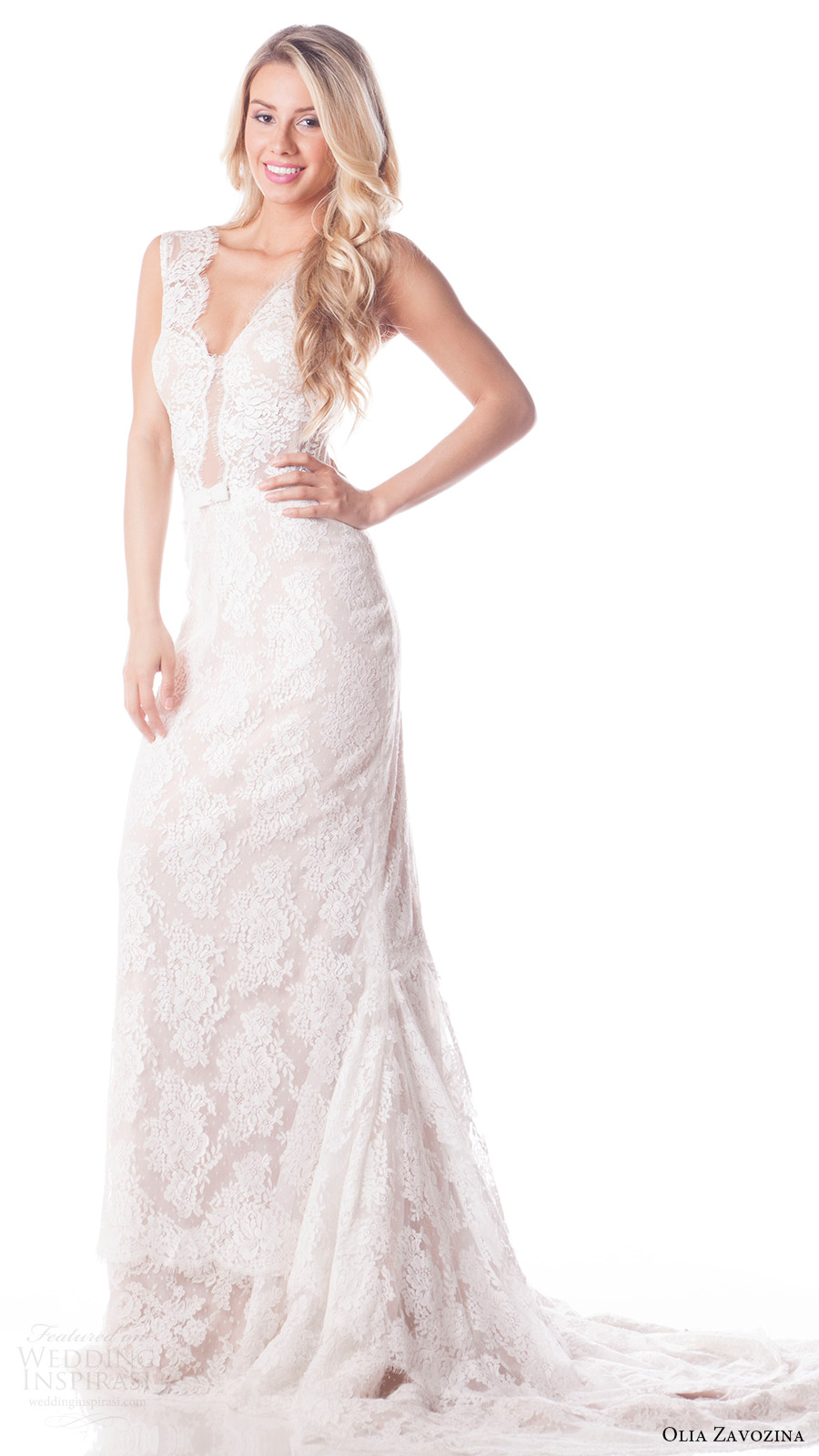 olia zavozina bridal spring 2017 sleeveless vneck lace mermaid wedding dress (ash) mv train