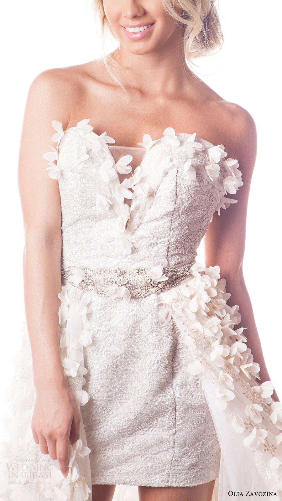 olia zavozina bridal spring 2017 strapless mini 2 piece wedding dress (macie) zfv lace tulle overskirt