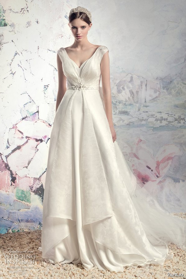 papilio 2016 bridal cap sleeves v neck romantic a  line wedding dress v back chapel train removable (1610 dnepr) mv