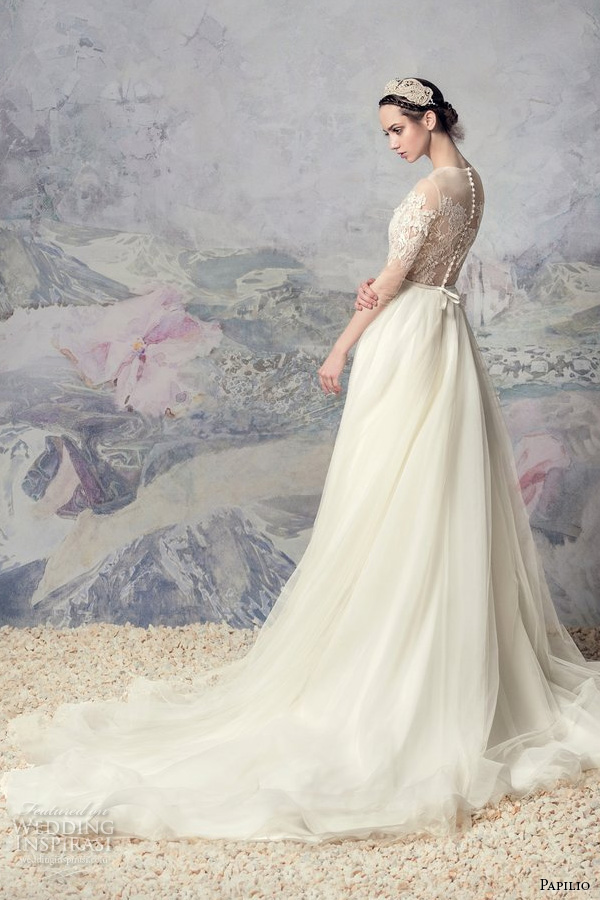 papilio 2016 bridal half sleeves illusion jewel neckline heavily embellished bodice romantic tulle skirt a  line wedding dress lace back long train (1635l toba) bv