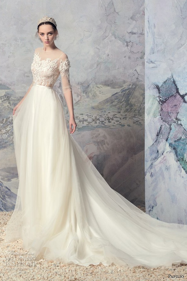 papilio 2016 bridal half sleeves illusion jewel neckline heavily embellished bodice romantic tulle skirt a  line wedding dress lace back long train (1635l toba) mv