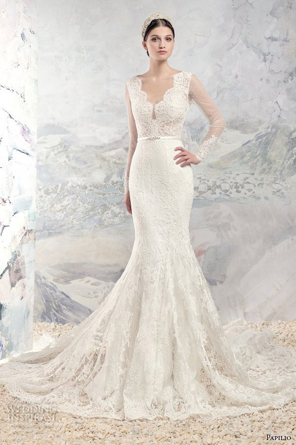 papilio 2016 bridal illusion long sleeves v neck full embellishment bodice sexy mermaid wedding dress v back chapel train (1653al parana) mv