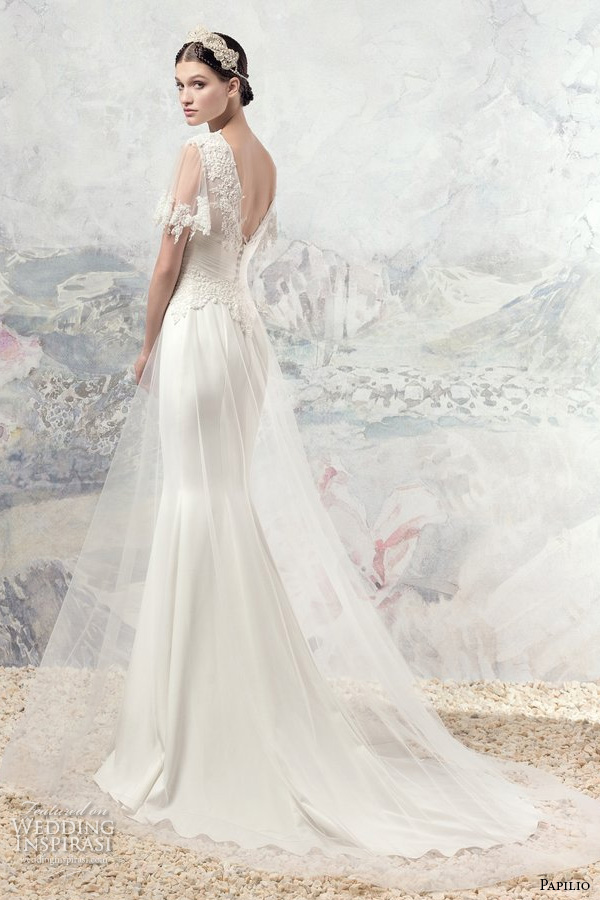 papilio 2016 bridal lace half sleeves v neckline grecian fit and flare wedding dress v back chapel train (1623l loire) bv