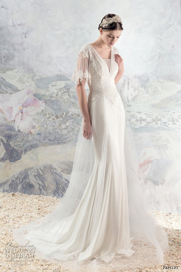 papilio 2016 bridal lace half sleeves v neckline grecian fit and flare wedding dress v back chapel train (1623l loire) mv