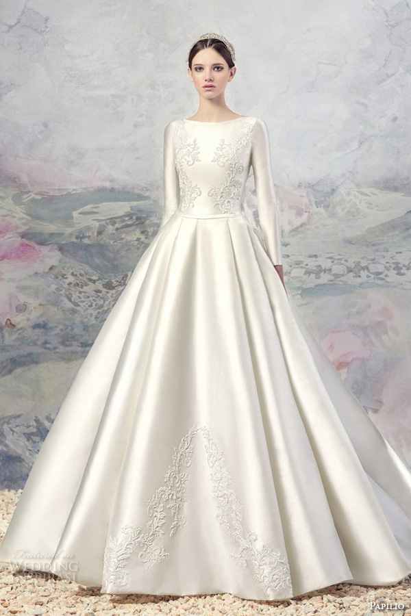 papilio 2016 bridal long sleeves bateau neckline heavily embellished bodice satin princess ball gown a  line wedding dress chapel train (1601) mv