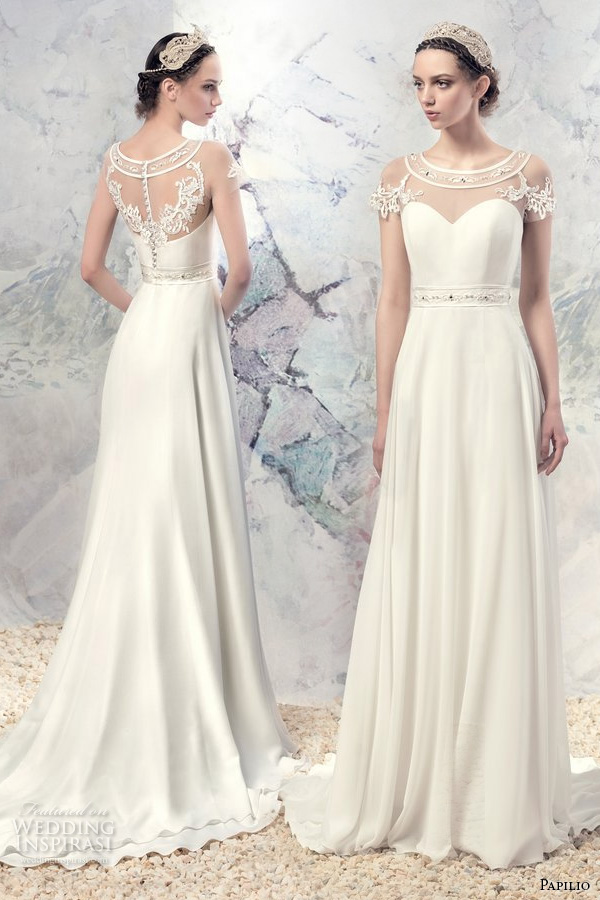 papilio 2016 bridal short sleeves illusion jewel sweetheart neckline elegant modified a  line wedding dress lace back sweep train (1634l garda) mv