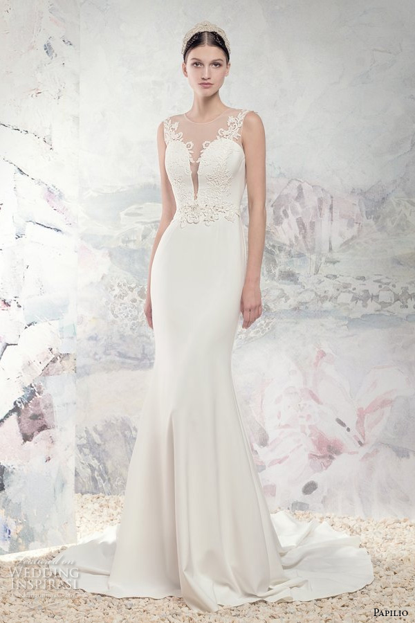 papilio 2016 bridal sleeveless illusion jewel split neckline heavily embellished bodice sexy fit and flare wedding dress sheer low back chapel train (1655la mekong) mv