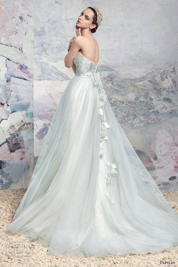 papilio 2016 bridal strapless sweetheart neckline wrap over bodice tulle skirt princess blue color a line wedding dress chapel train (1648l naroch) bv