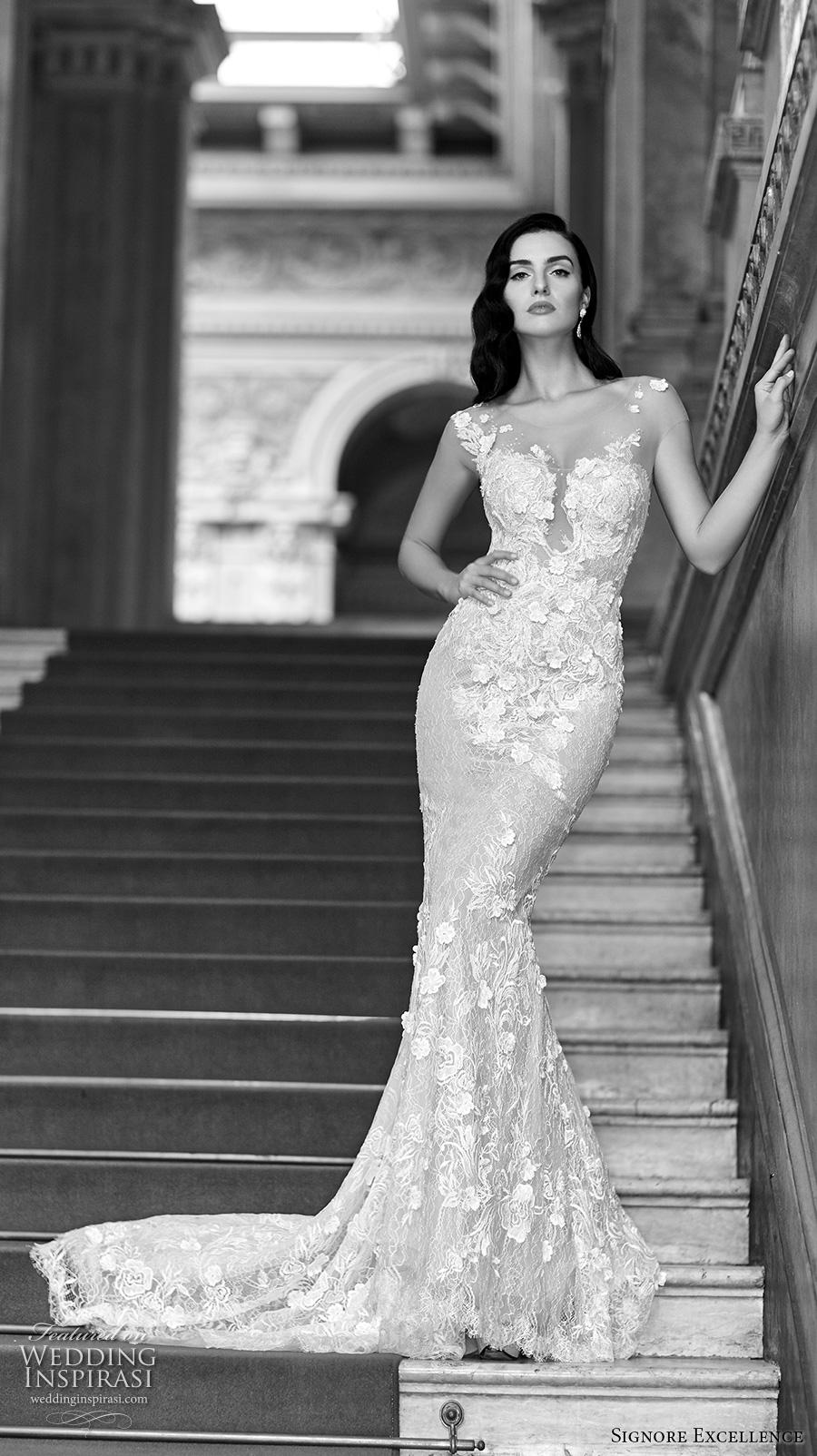 signore excellence 2017 bridal illusion cap sleeves sheer scoop plunging neckline fully embellished beautiful sexy sheath wedding dress chapel train (eden) mv