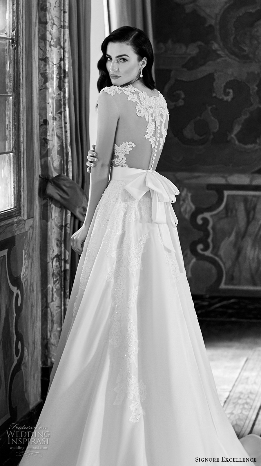 signore excellence 2017 bridal illusion scoop deep plunging heavily embellished bodice sexy gorgeous beautiful lace a  line wedding dress lace back chapel train (erica) zbv