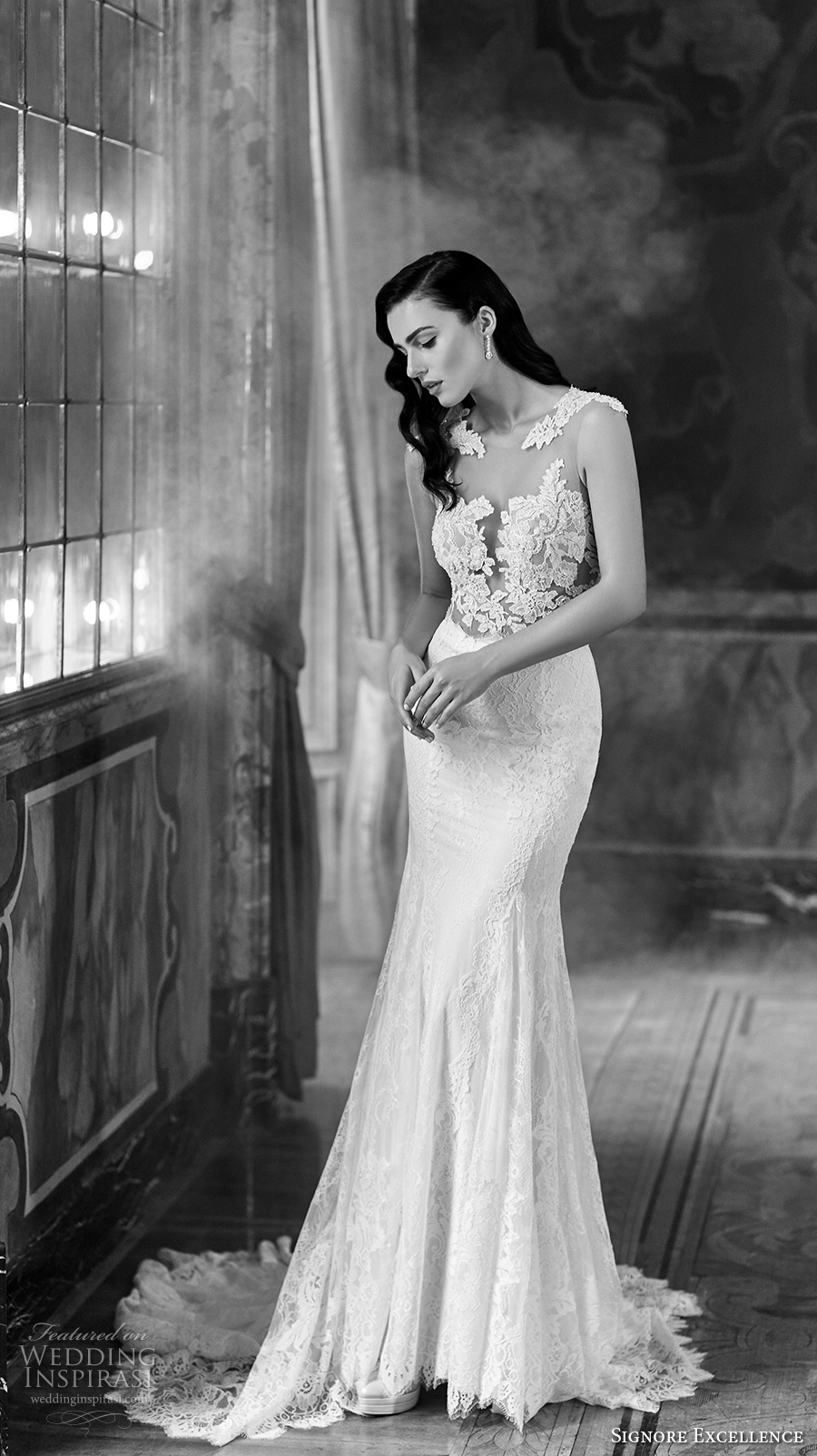 signore excellence 2017 bridal illusion scoop deep plunging heavily embellished bodice sexy gorgeous beautiful lace trumpet wedding dress lace back chapel train (erica) mv