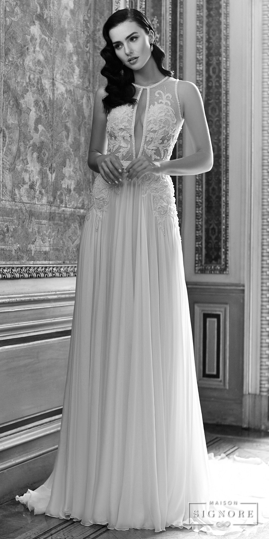 signore excellence 2017 bridal round split neckline heavily embellished bodice beautiful elegant sexy modified a  line wedding dress keyhole back chapel train (elanor)  mv