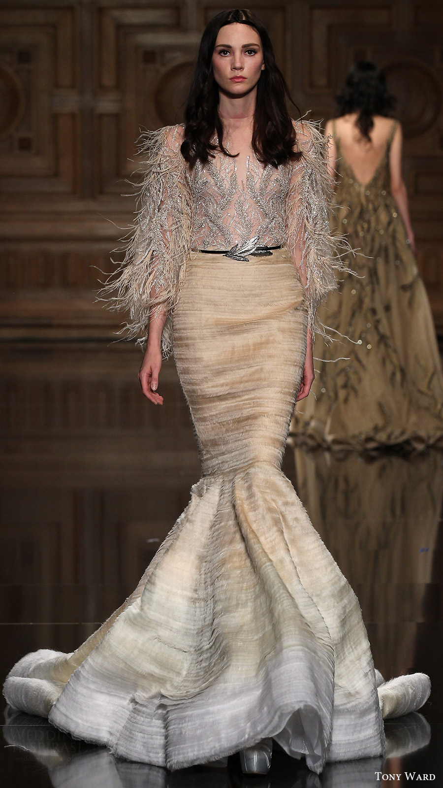 tony ward couture fall 2016 long sleeve illusion feather top mermaid skirt (08) mv