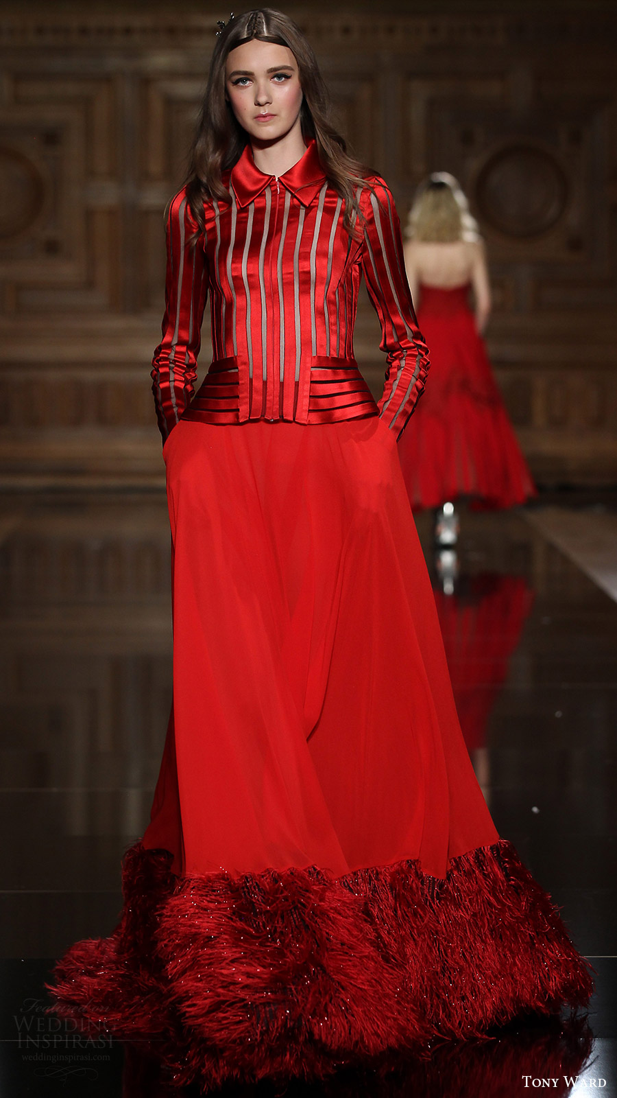 tony ward couture fall 2016 long sleeves shirt collar top a line skirt feather (31) mv red color