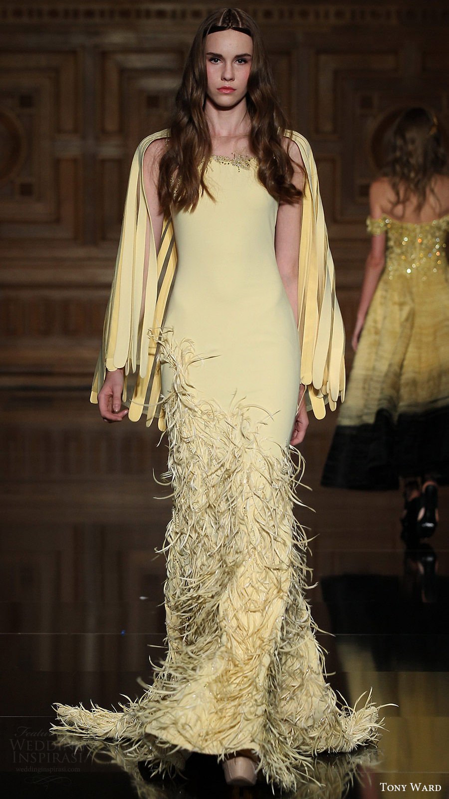 tony ward couture fall 2016 long sleeves yellow feather trumpet dress (13) mv