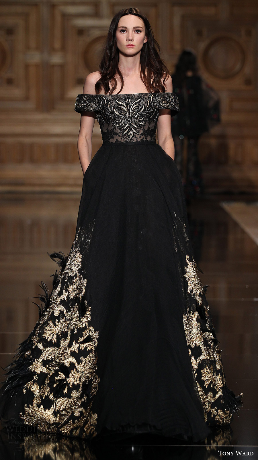 tony ward couture fall 2016 off shoulder ball gown (36) mv black color gold embroidery