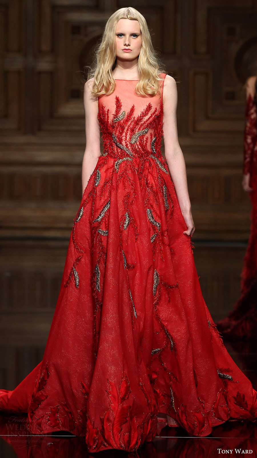 tony ward couture fall 2016 sleeveless illusion neckline a line dress (28) mv red color