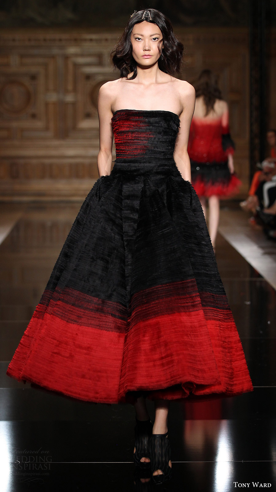 tony ward couture fall 2016 strapless straight across tea length cocktail dress (33) mv black red color