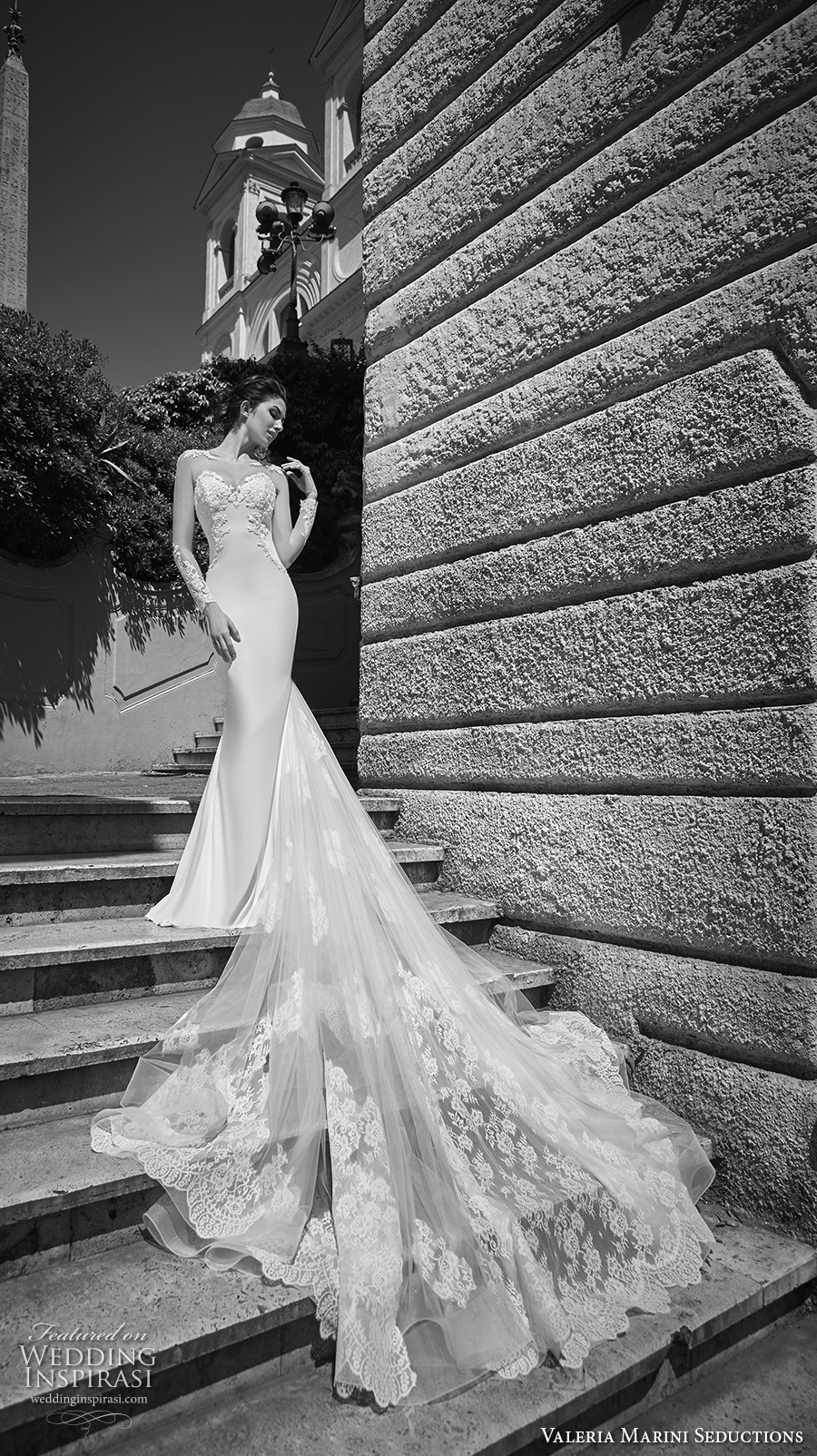 valeria marini seductions 2017 bridal illusion long sleeves sheer bateau neck sweetheart neckline heavily embellished bodice sexy elegant sheath wedding dress royal train (Immagine) mv