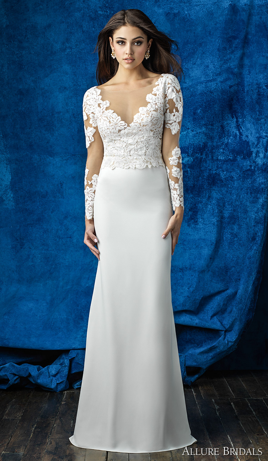 allure bridals 2016 mix match long sleeves lace v neck heavily embellished bodice elegant sheath skirt wedding dress illusion back (a2003 top and a2011 skirt) mv