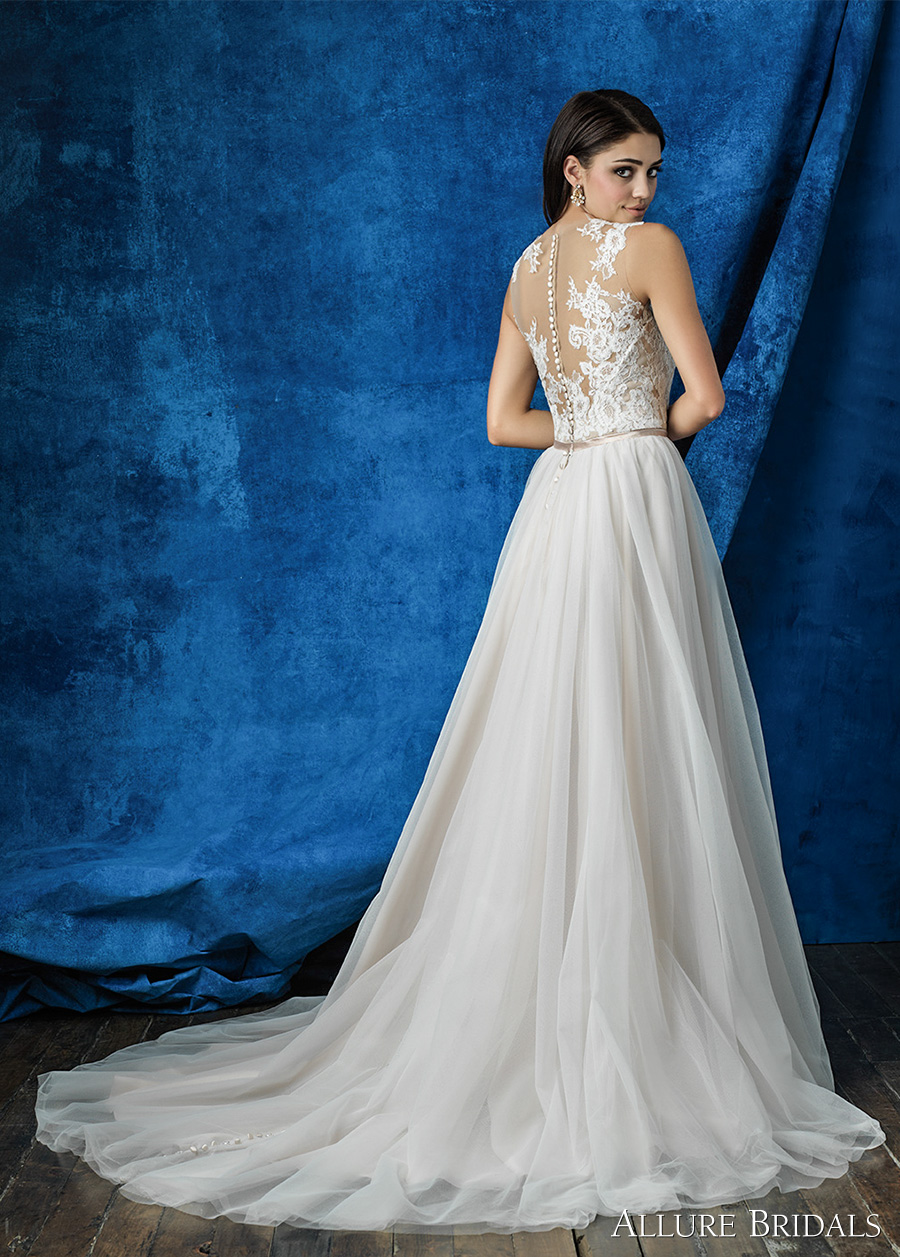 allure bridals 2016 mix match sleeveless illusion round neck plunging v neck lace bodice romantic tulle skirt a  line wedding dress illusion back chapel train (a2004 top a2010 skirt) bv