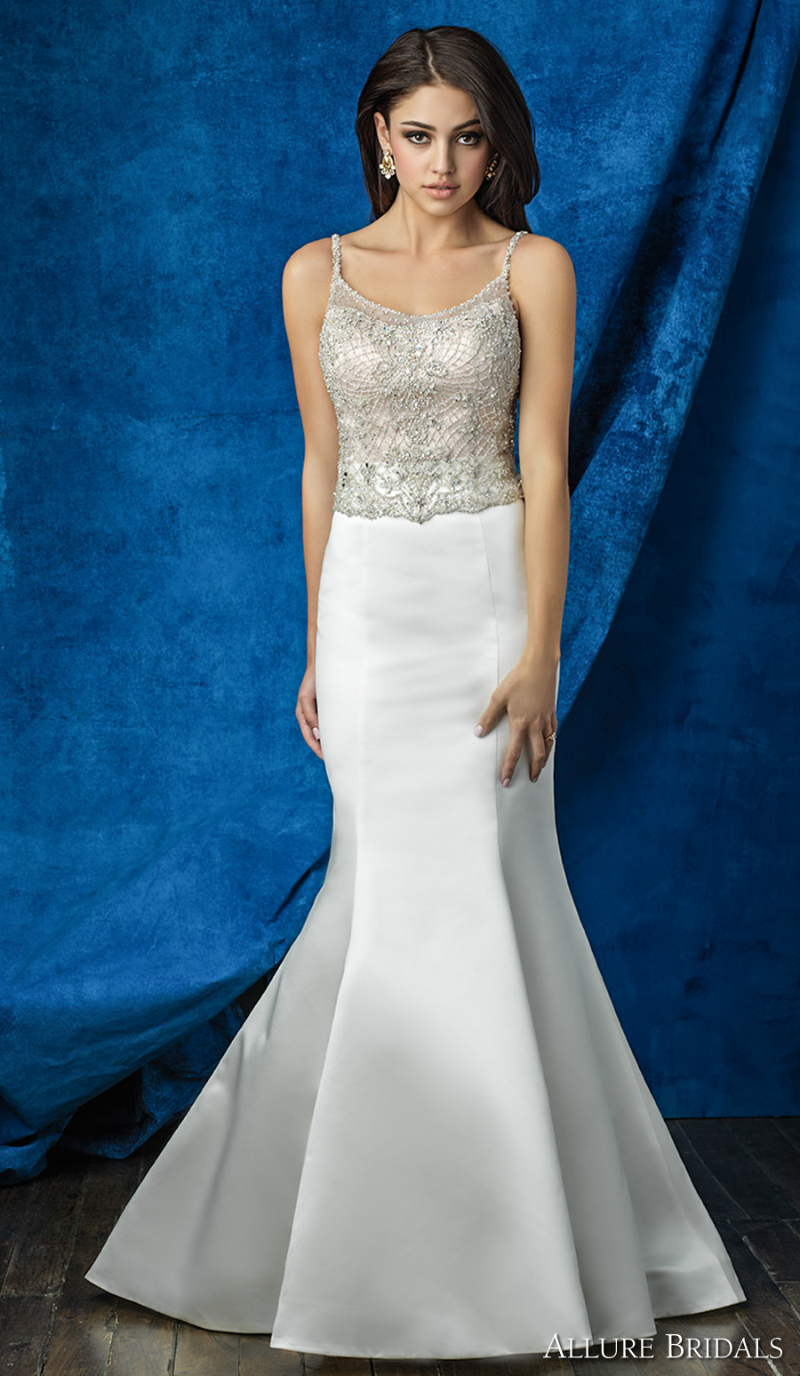 allure bridals 2016 mix match spagetti strap scoop neckline beaded bodice simple chic elegant skirt mermaid wedding dress scoop back chapel train (a2002 top a2009 skirt) mv