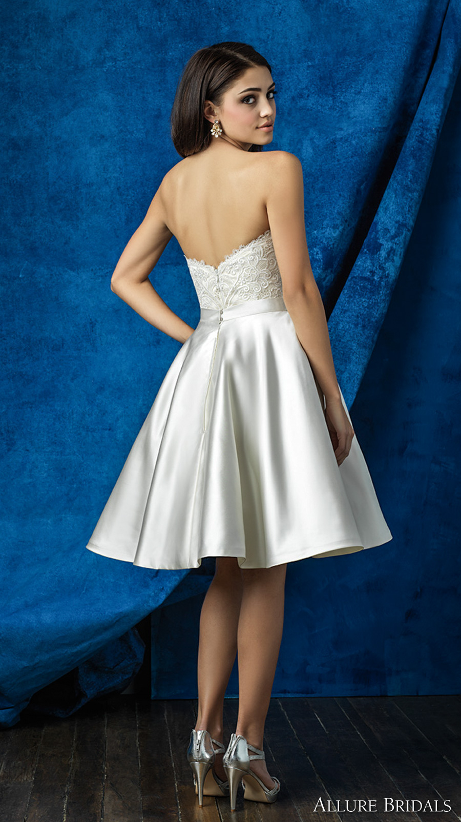 allure bridals 2016 mix match strapless scallop sweetheart neckline heavily embellished bodice satin short skirt knee length short wedding dress (a2001 top  and a2006 skirt) bv