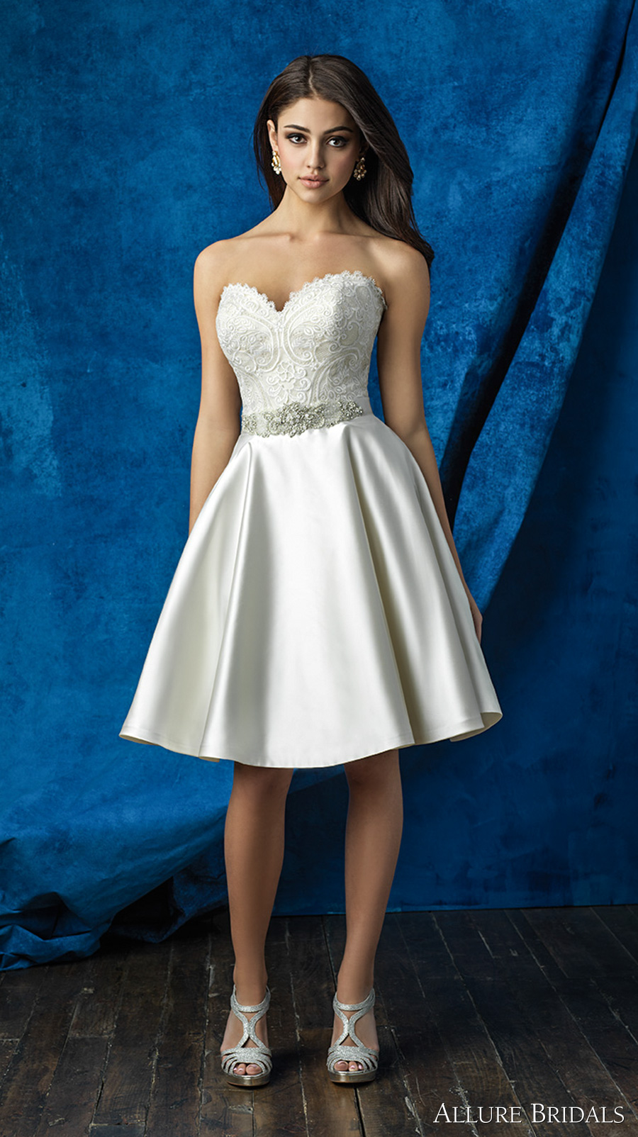 allure bridals 2016 mix match strapless scallop sweetheart neckline heavily embellished bodice satin short skirt knee length short wedding dress (a2001 top  and a2006 skirt) mv