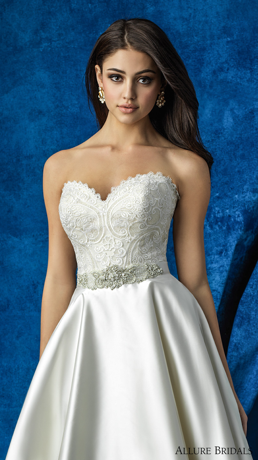 allure bridals 2016 mix match strapless scallop sweetheart neckline heavily embellished bodice satin short skirt knee length short wedding dress (a2001 top  and a2006 skirt) zv