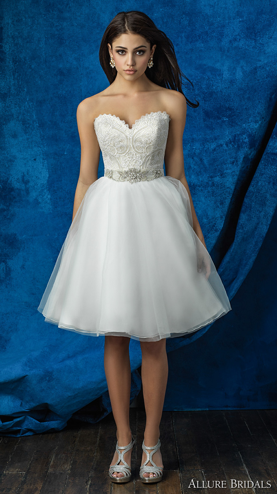 allure bridals 2016 mix match strapless scallop sweetheart neckline heavily embellished bodice tulle short skirt knee length romantic short wedding dress (a2001 top  and a2008 skirt) mv