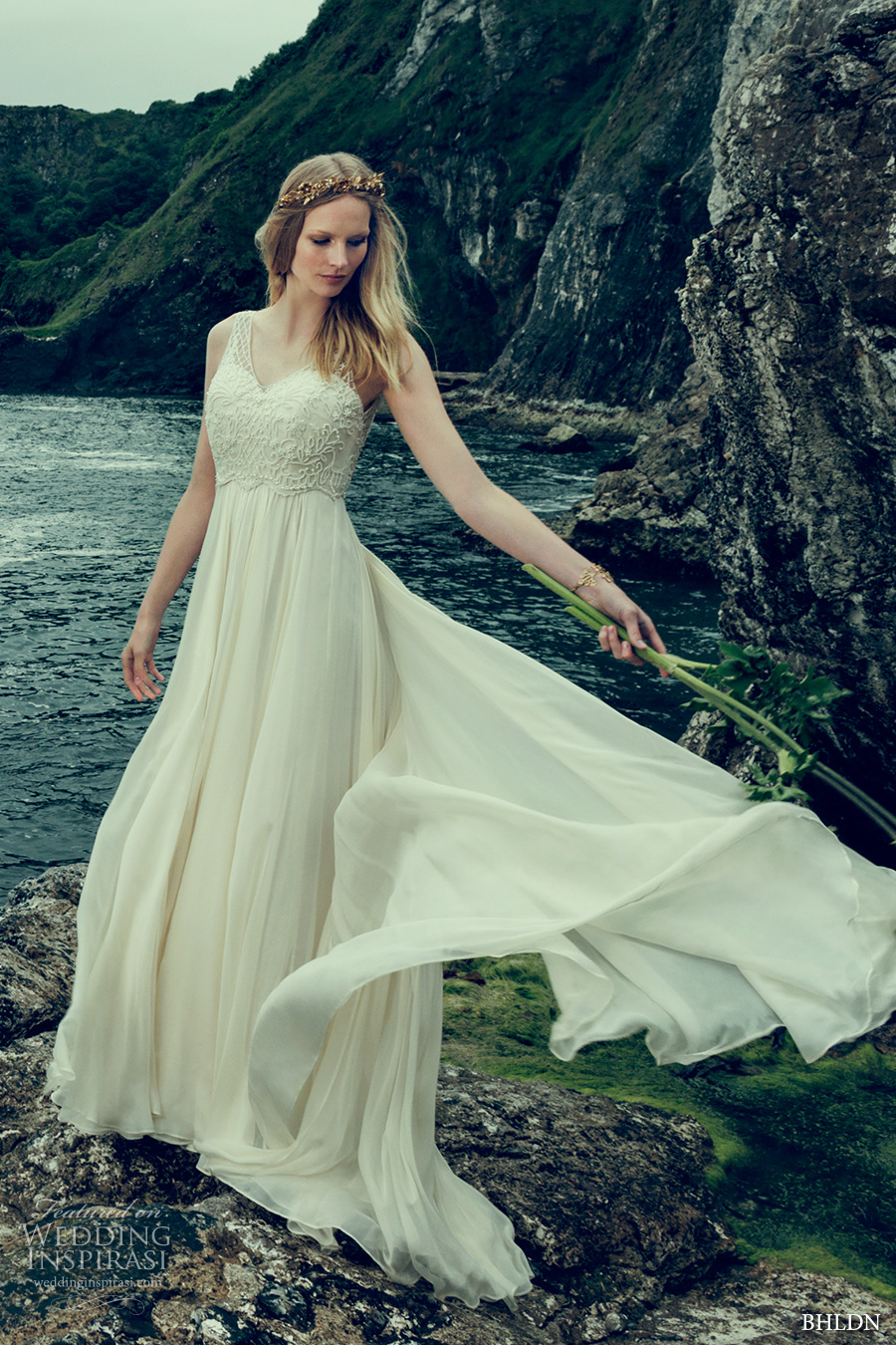 bhldn fall 2016 bridal sleeveless illusion v neck sweetheart neckline heavily embellished bodice romantic a  line wedding dress v back sweep train (ostara) mv