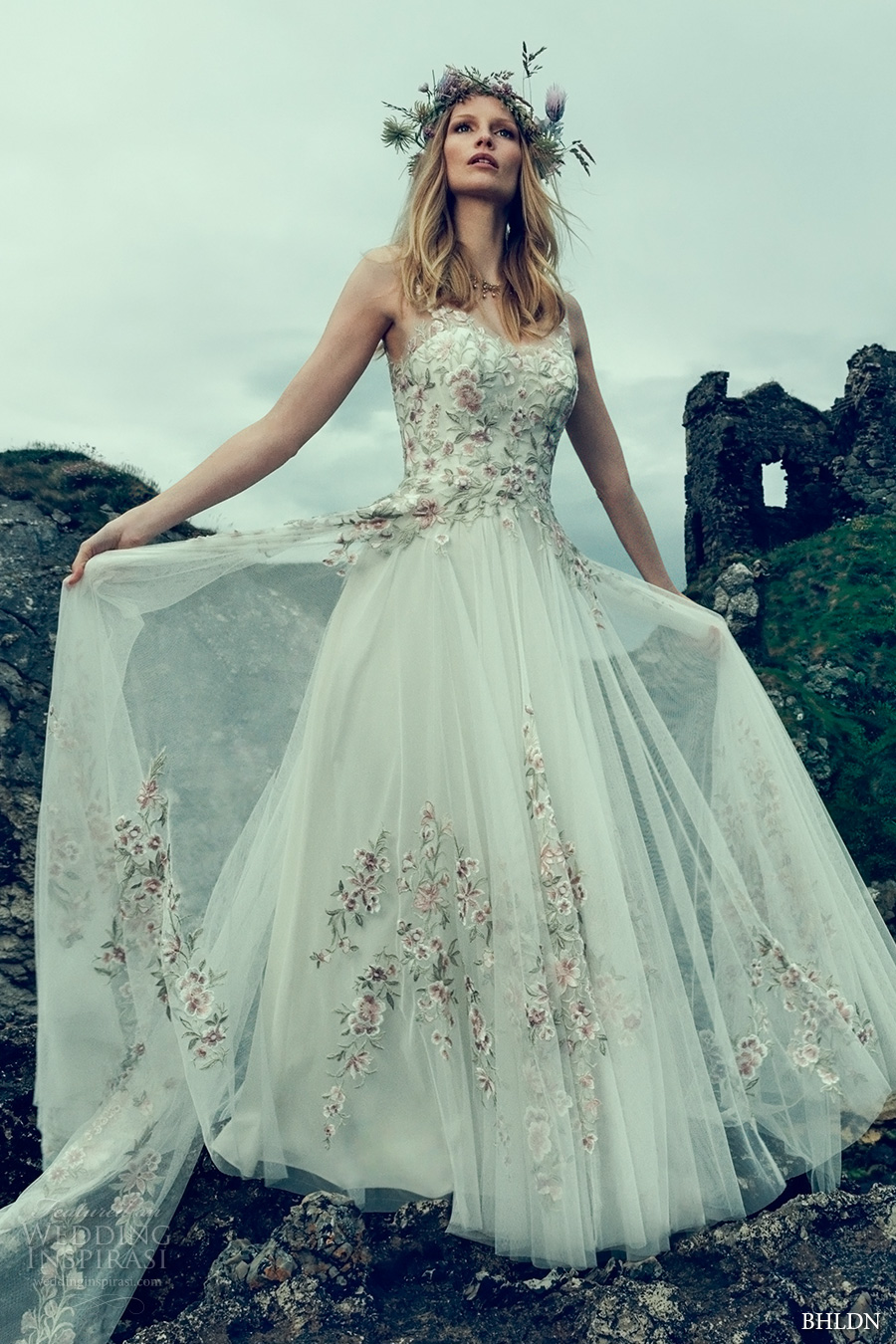 bhldn fall 2016 bridal sleeveless illusion v neck sweetheart neckline heavily embellished bodice tulle skirt romantic a  line wedding dress low v back sweep train (heidi) mv