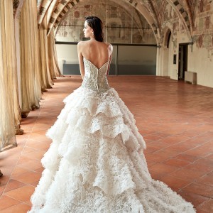 eddy k couture 2017 bridal strapless sweetheart neckline heavily embellished bodice corset tiered ruffled skirt princess glamorous ball gown wedding dress chapel train (ct169) bv