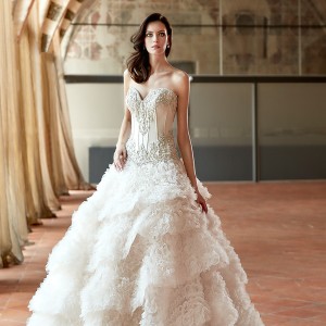 eddy k couture 2017 bridal strapless sweetheart neckline heavily embellished bodice corset tiered ruffled skirt princess glamorous ball gown wedding dress chapel train (ct169) mv