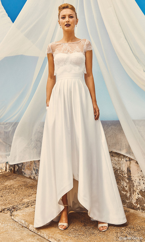 elbeth gillis milk honey 2017 bridal separates cap sleeve aline high low wedding dress (michelle lace top chloe top harper skirt) mv