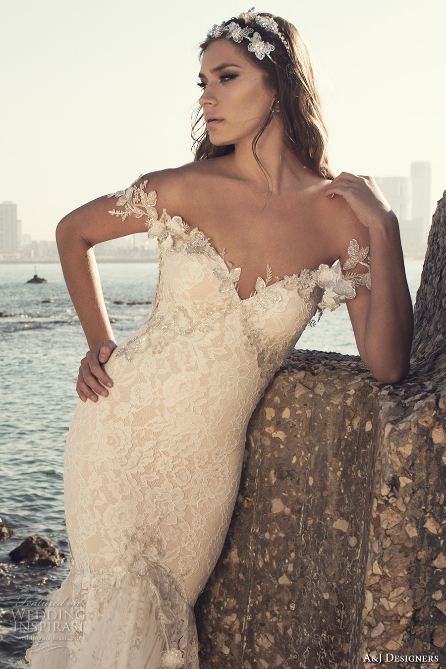 julie vino a j designers bridal s2017 off the should lace strap heavily embellished bodice tulle skirt sexy mermaid wedding dress low back chapel train (aj110) zv