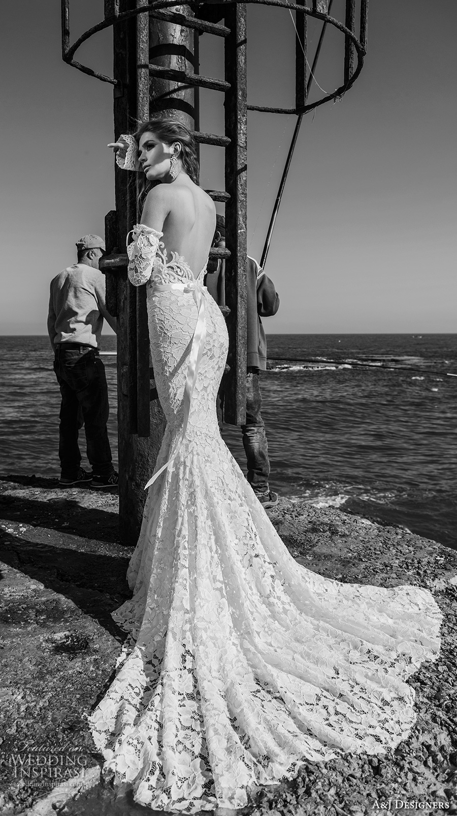 julie vino a j designers bridal s2017 off the shoulder long sleeves sweetheart deep plunging neckline full embellishment sexy mermaid wedding dress low back chapel train (aj111) bv