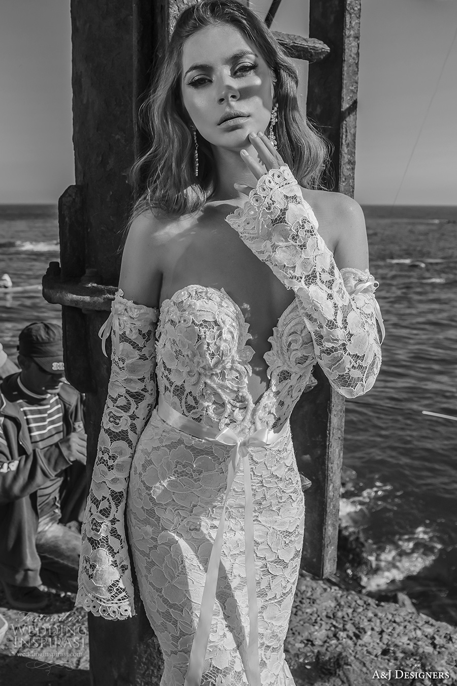 julie vino a j designers bridal s2017 off the shoulder long sleeves sweetheart deep plunging neckline full embellishment sexy mermaid wedding dress low back chapel train (aj111) zv