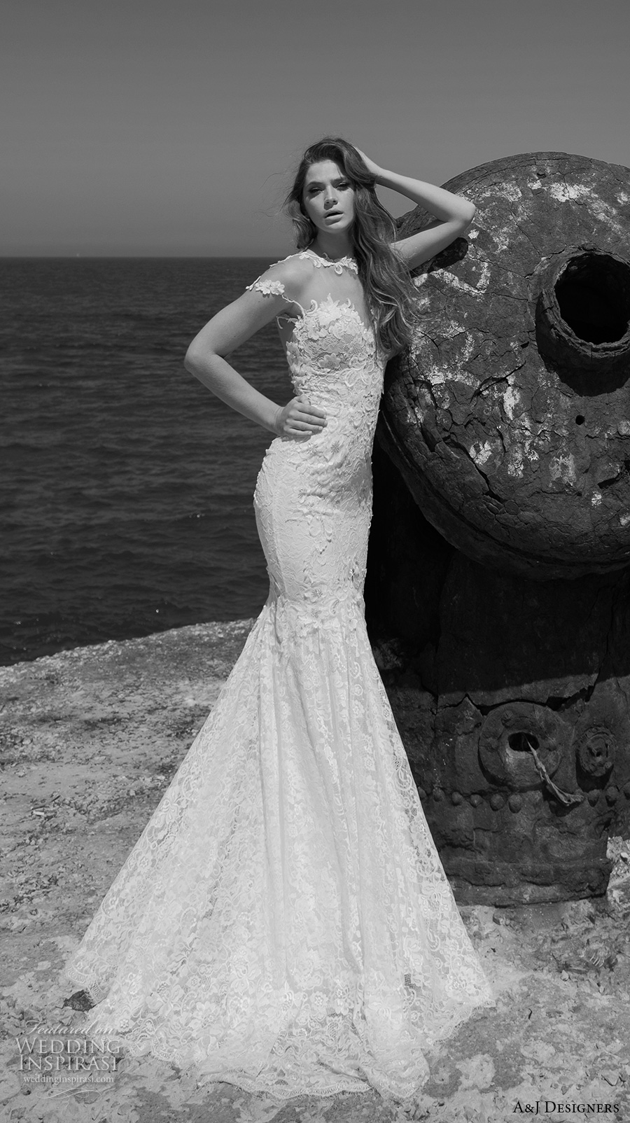 julie vino a j designers bridal s2017 sheer cap sleeves illusion jewel sweetheart neckline full embellishment sexy lace mermaid wedding dress illusion back sweep train (aj109) mv