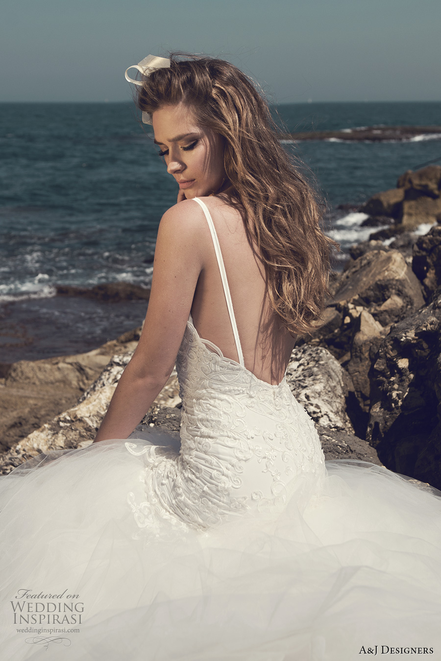 julie vino a j designers bridal s2017 sleeveless spagetti strap sweetheart neckline bustier heavily embellished bodice tulle skirt sexy mermaid wedding dress low back sweep train (aj108) zbv