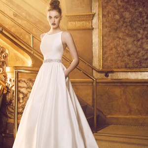 paloma blanca fall 2016 bridal sleeveless round neckline simple clean bodice elegant romantic a  line wedding dress with pockets low back chapel train (4719) mv