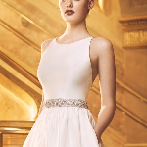 paloma blanca fall 2016 bridal sleeveless round neckline simple clean bodice elegant romantic a  line wedding dress with pockets low back chapel train (4719) zv