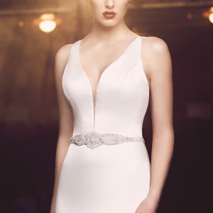 paloma blanca fall 2016 bridal sleeveless v neck deep plunging neckline embellished belt simple chic clean mermaid wedding dress low back sweep train (4714) zv