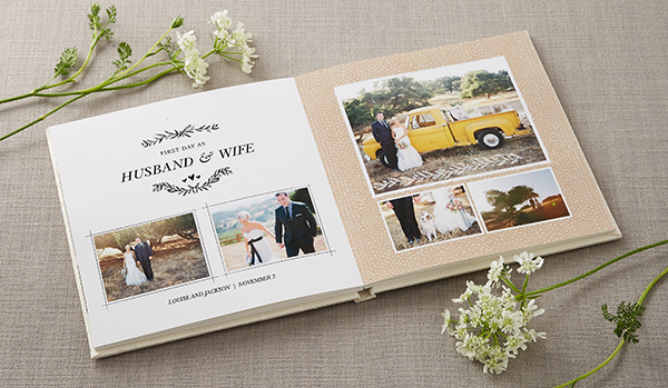 shutterfly wedding photo book premium layflat page album style rustic wedding photography theme