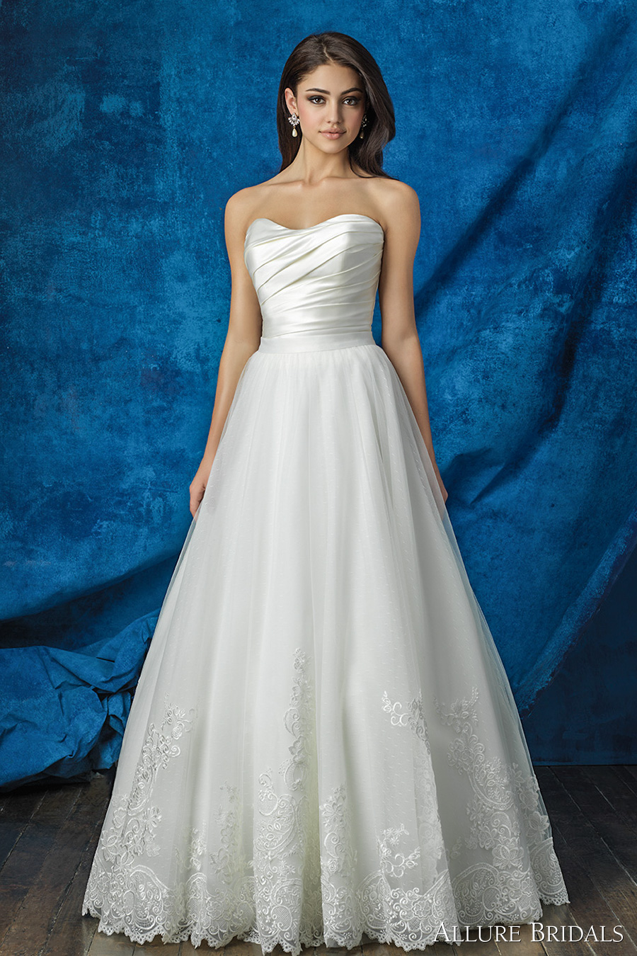 strapless sweetheart neckline satin pleated bodice simple clean princess romantic tulle skirt embellished hem skirt a  line wedding dress chapel train (a2000 top and a2012 skirt) mv