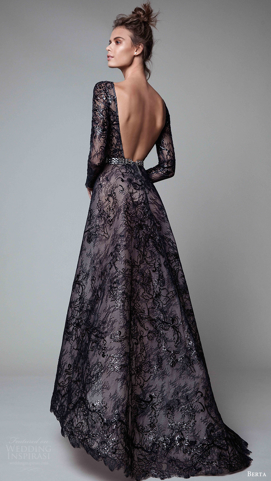 berta rtw fall 2017 (17 20) long sleeves jewel neck a line embellished evening dress black bv open back train