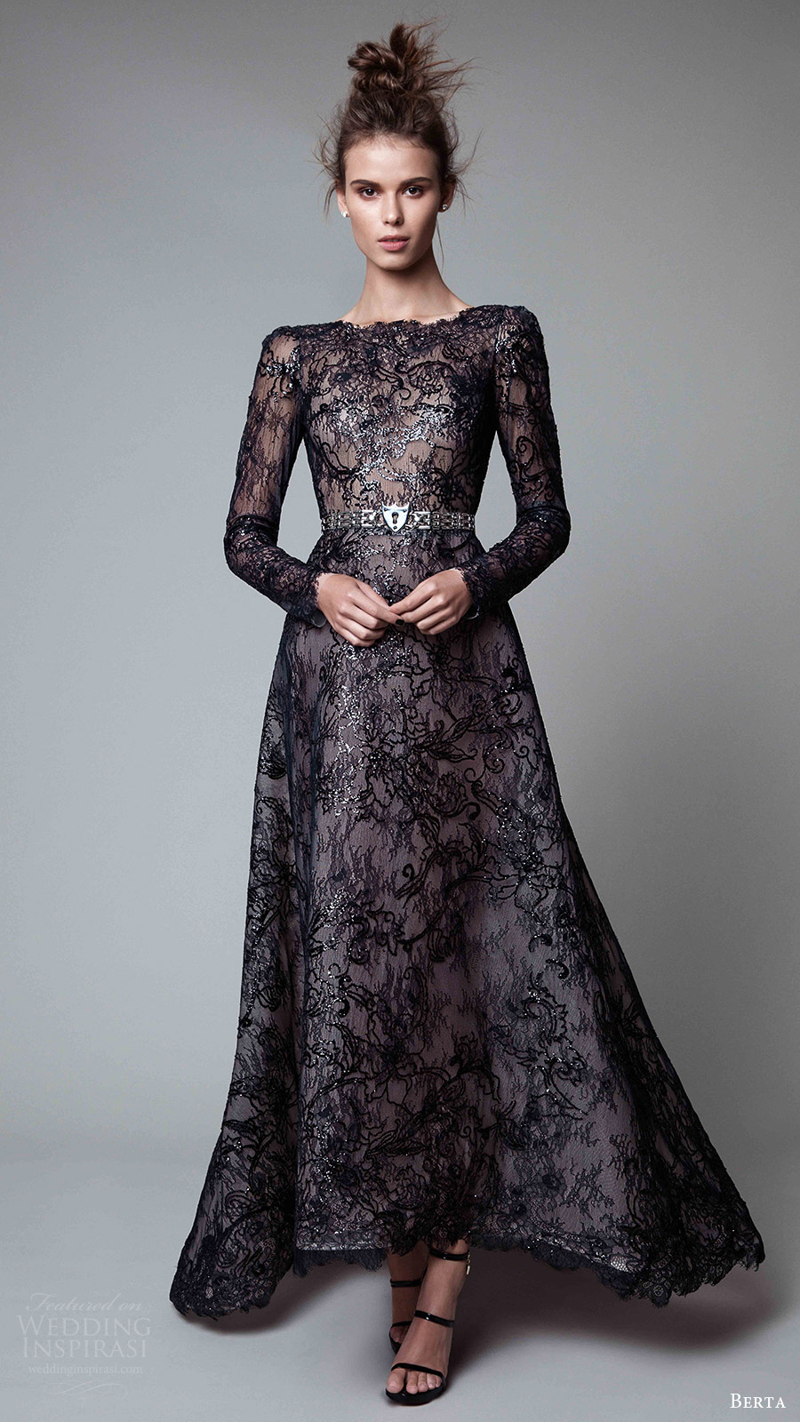 berta rtw fall 2017 (17 20) long sleeves jewel neck a line embellished evening dress black mv